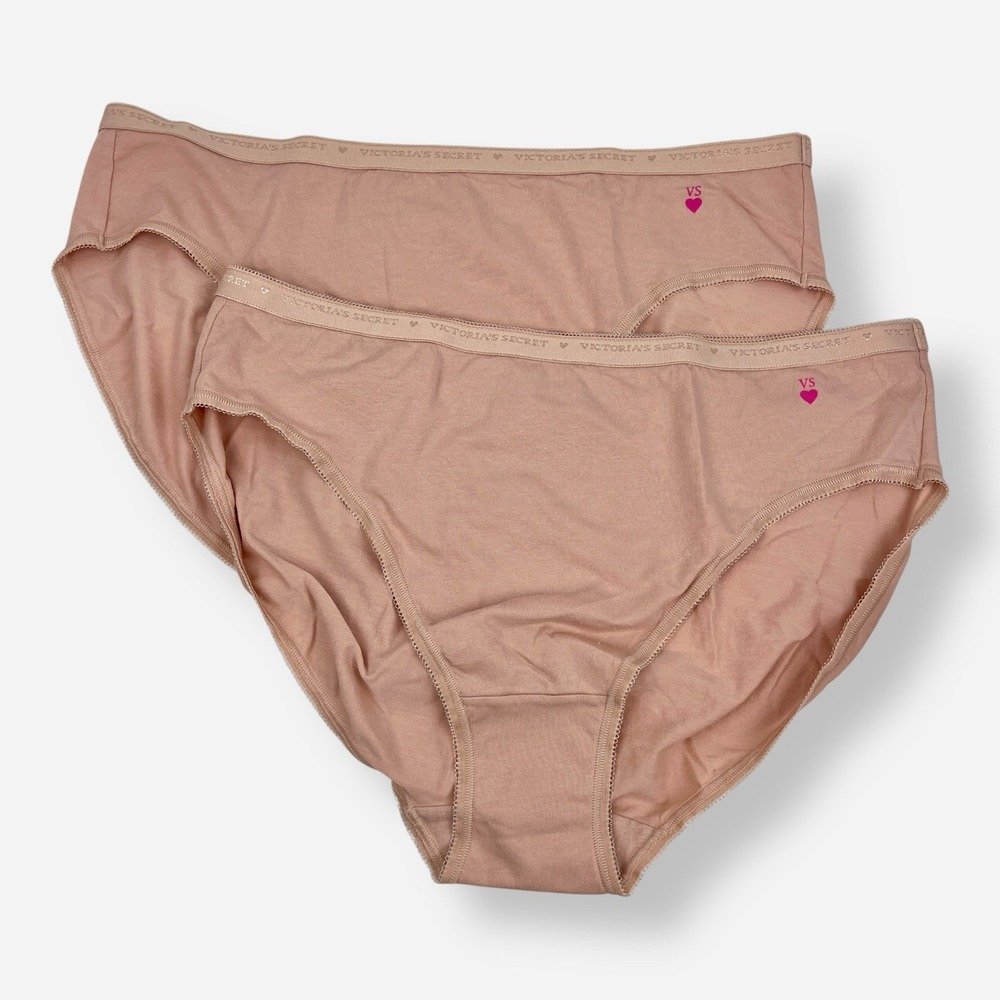 Victoria's Secret‎ Nude Beige High Leg Brief Panties XL Cotton Heart VS Panty x2